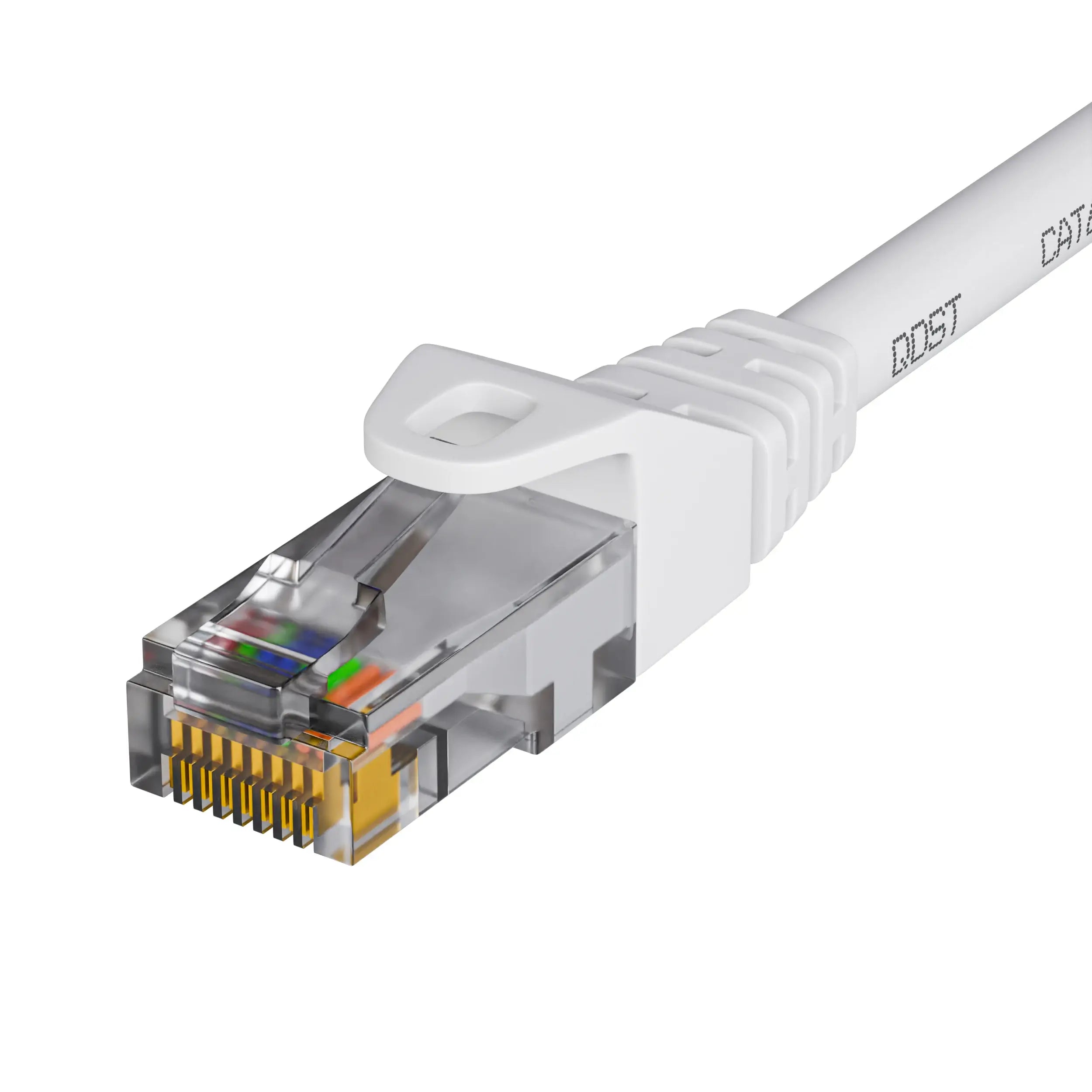 CAT6 UTP internetkabel wit met RJ45 connector, close-up van de plug, met zicht op de gekleurde draden en de robuuste trekontlasting.