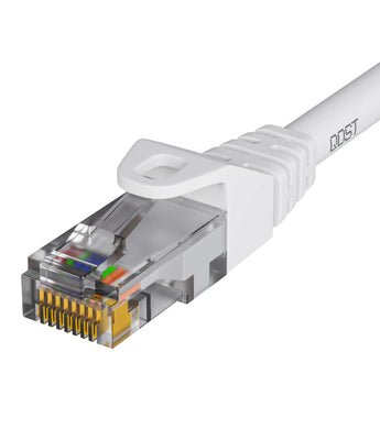 CAT6 UTP internetkabel wit met RJ45 connector, close-up van de plug, met zicht op de gekleurde draden en de robuuste trekontlasting.