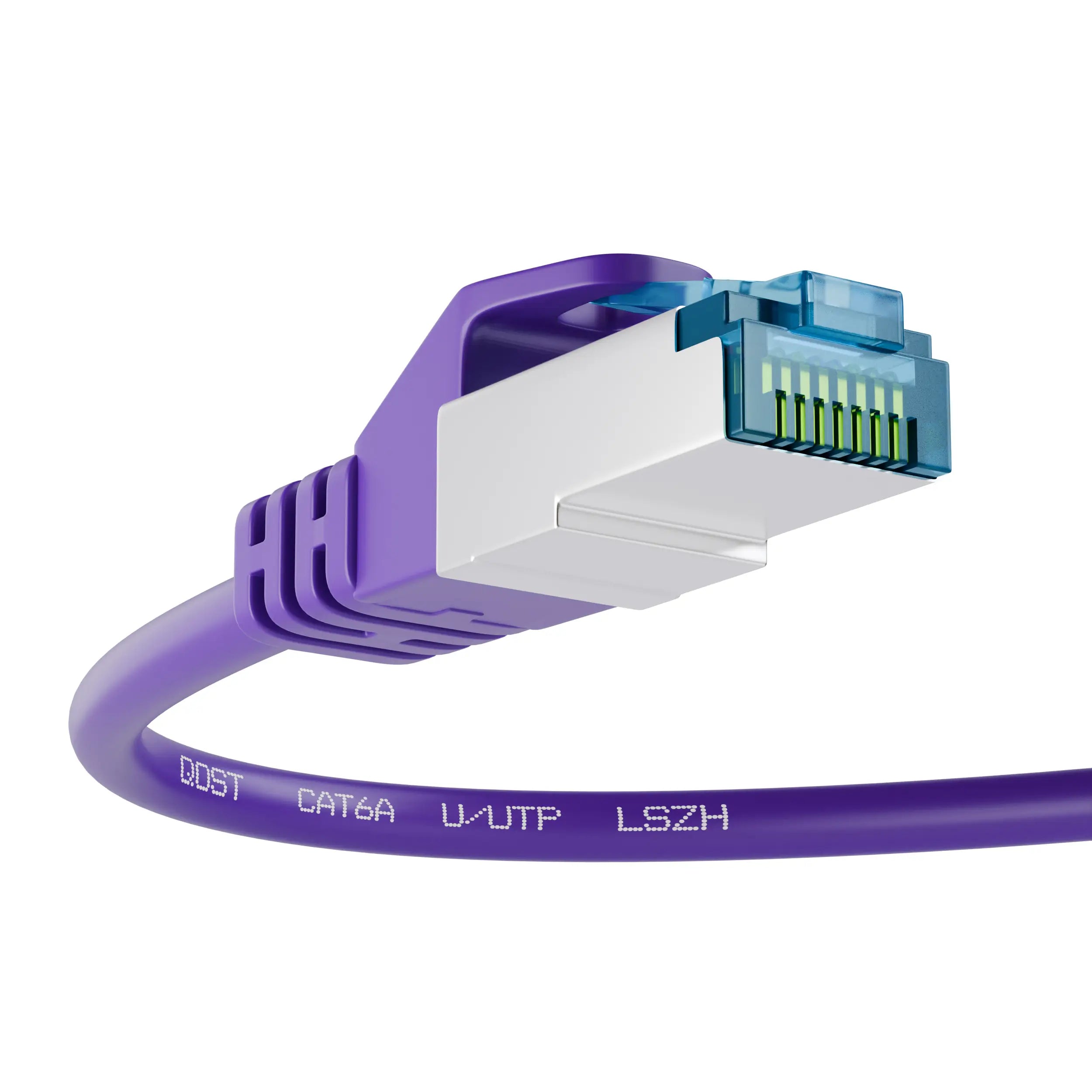 CAT6A CCA UTP LSZH internetkabel paars, met focus op de RJ45 connector en de kabel met opdruk 'U/UTP LSZH', vanuit een schuine hoek.