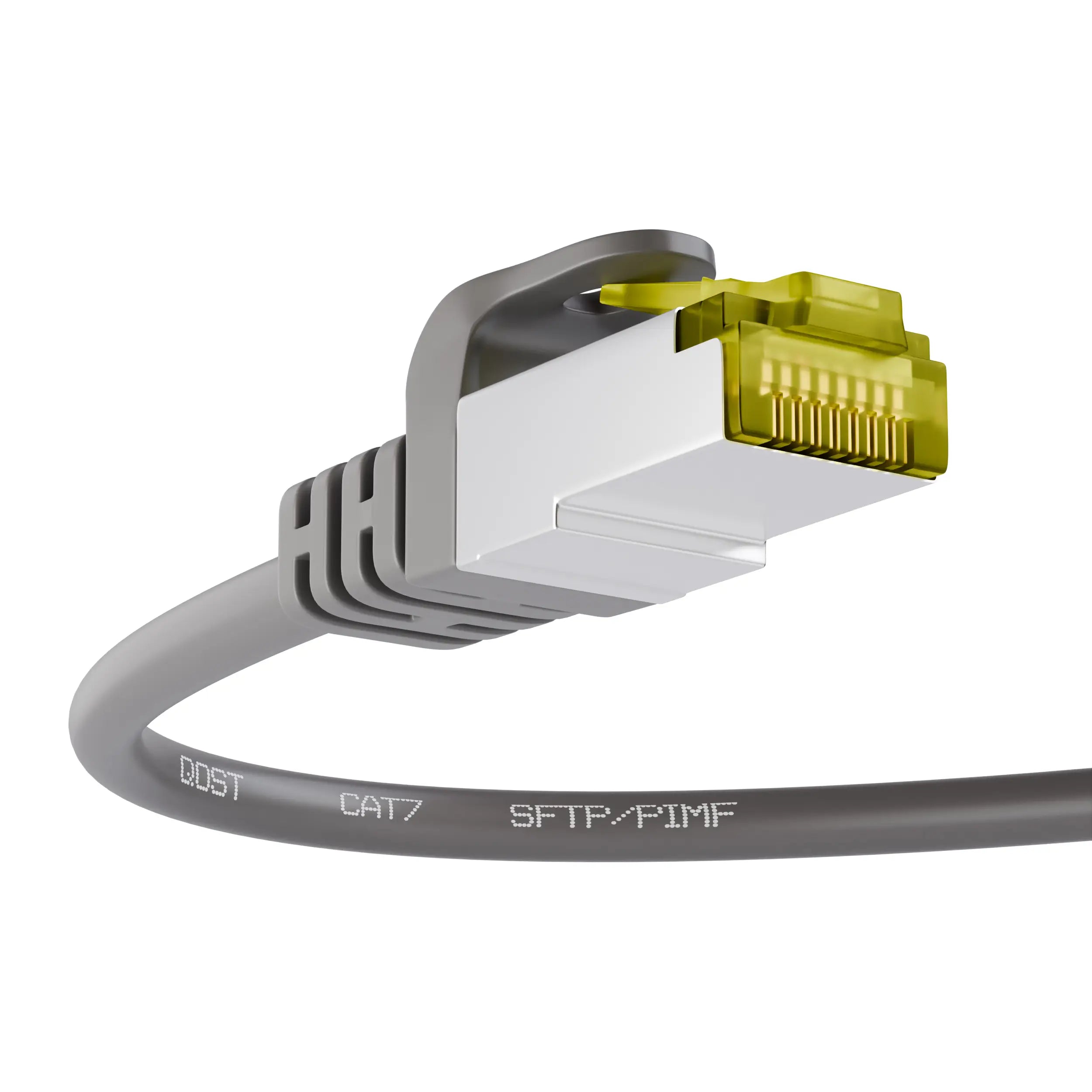 CAT7 CCA SFTP PIMF internetkabel grijs, met focus op de RJ45 connector en de kabel met opdruk 'U/UTP LSZH’, vanuit een schuine hoek.