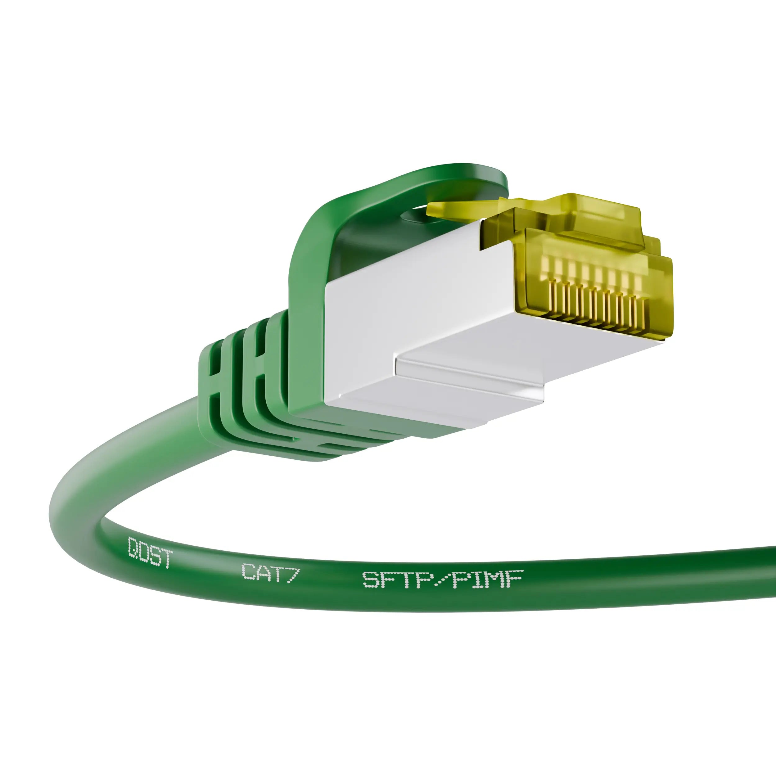 CAT7 CCA SFTP PIMF internetkabel groen, met focus op de RJ45 connector en de kabel met opdruk ’S/FTP PIMF’, vanuit een schuine hoek.