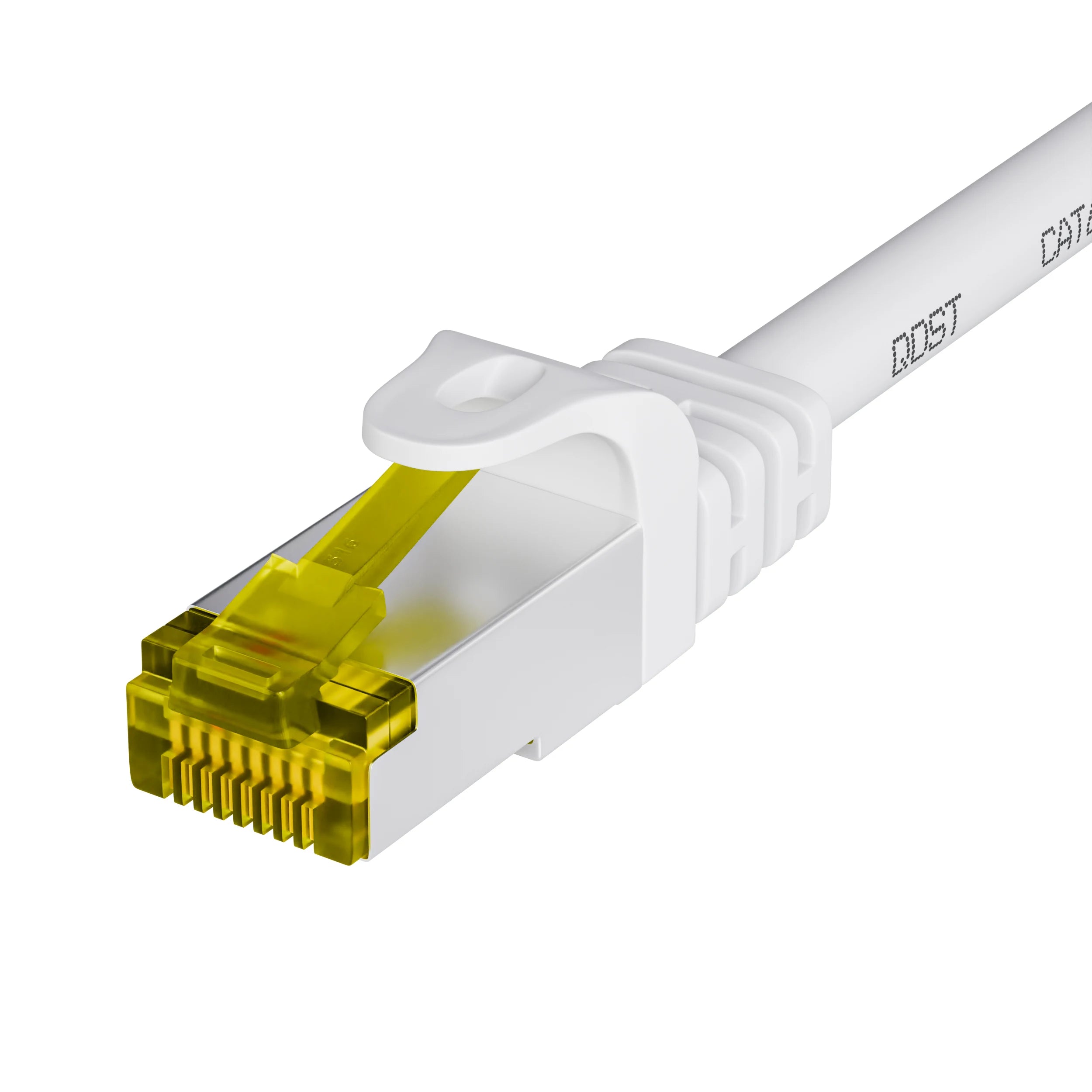 CAT7 CCA SFTP PIMF internetkabel wit met RJ45 connector, close-up van de plug, met zicht op de gekleurde draden en de robuuste trekontlasting.