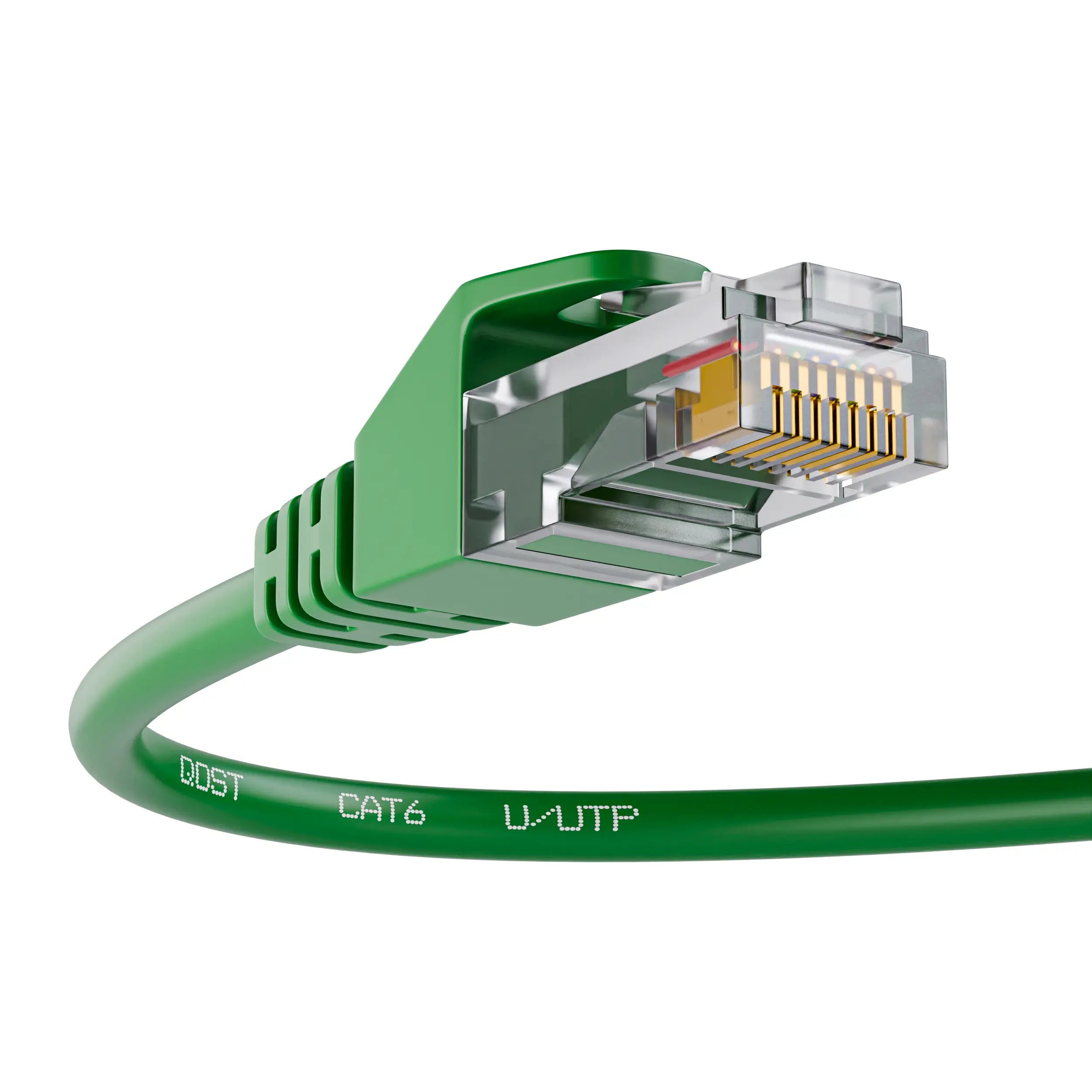 CAT6 internetkabel in groen, met focus op de RJ45 connector en de kabel met opdruk 'U/UTP', vanuit een schuine hoek.