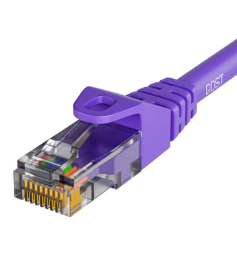 CAT6 UTP internetkabel paars met RJ45 connector, close-up van de plug, met zicht op de gekleurde draden en de robuuste trekontlasting.